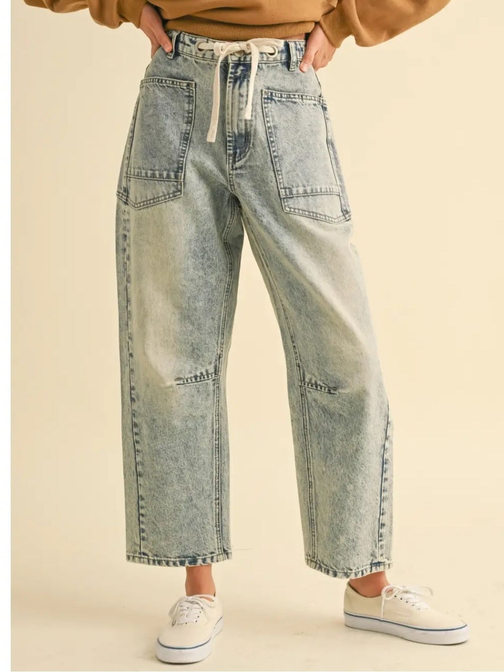 Miou Muse Light Blue Washed Barrel Drawstring Jeans